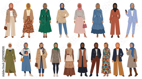 Flat vector illustration of diverse women in hijabs and modest fashion
