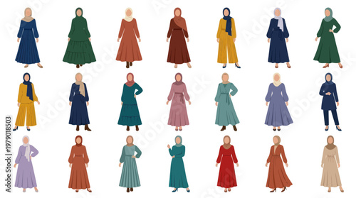 Diverse Muslim Women in Traditional Hijab Modest Fashion Outfits Flat Design
