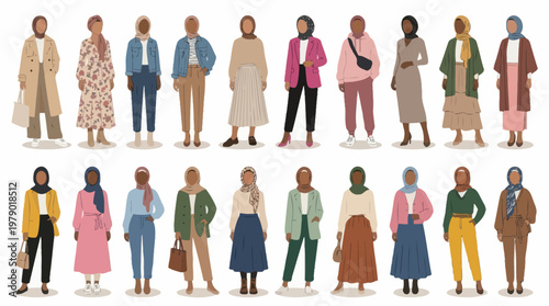 Diverse Muslim Women in Modern Fashion, Flat Illustration Style