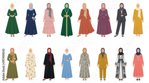 Flat Style Vector Illustration of Diverse Muslim Women in Traditional Islamic Attire