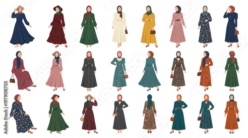 Flat Vector Illustration of Muslim Women in Modest Fashion: Diverse Hijab  Abaya Outfits
