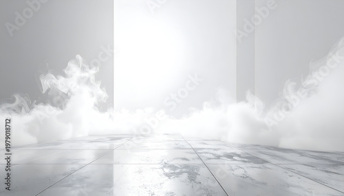 A minimalist, modern interior space is filled with ethereal white smoke, creating an abstract and atmospheric environment with clean lines and a polished concrete floor.
