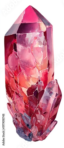 A watercolor painting of a large, crystalline formation in varying shades of pink and red