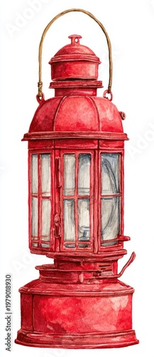 Watercolor illustration of a red lantern with a curved handle, lit windows, and ornate details
