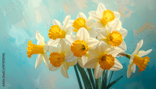 A vibrant cluster of daffodils blooms against a softly painted turquoise and blue background.