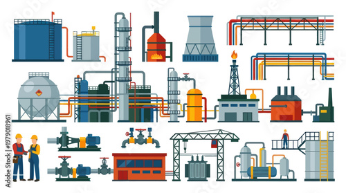 Flat Vector Illustration of Industrial Processing Plant Elements, Oil  Gas Equipment Set