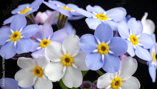 A close-up photograph showcases a cluster of delicate forget-me-not flowers with varying shades of blue and white petals, centered against a stark black background.