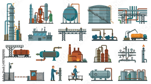 Industrial Equipment Vector Icons: Refinery, Oil Gas Plant, Machinery