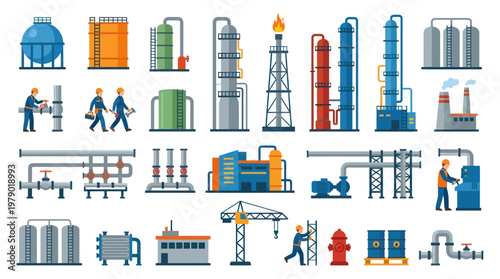 Flat Design Industrial Engineering Icons Set - Petrochemical Plant Elements