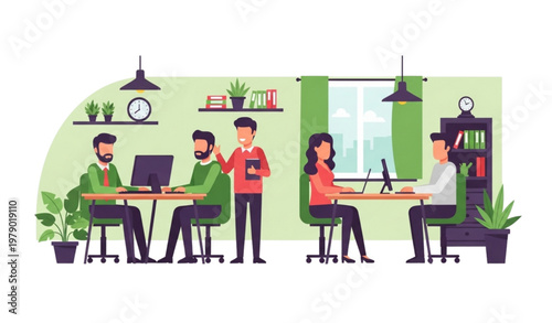 Flat vector illustration of green office with male and female coworkers in cozy workspace