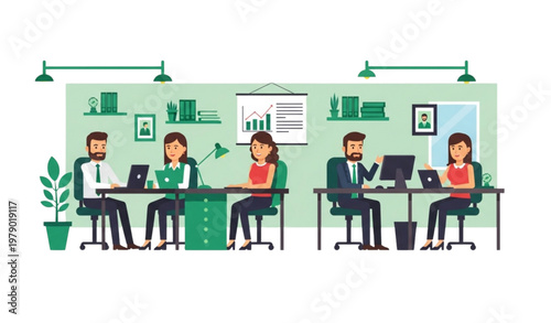 Green office vector illustration with coworkers, corporate workspace, and cozy environment