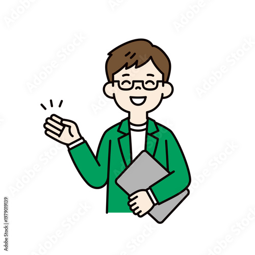 ラップトップPCを持って案内・紹介する、眼鏡をかけた若い男性の上半身ベクターイラスト素材