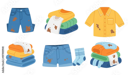 Flat vector illustration set of dirty and clean clothes with laundry baskets and piles