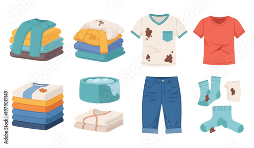 Dirty and clean clothes vector set with laundry piles, stained garments, and washed apparel