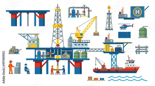 Oil and Gas Industry Offshore Drilling  Production Flat Illustration Set with Rig  Platform
