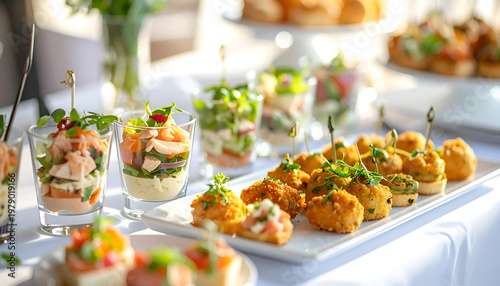 An assortment of elegantly presented hors d'oeuvres, including salmon and vegetable skewers and crispy fried bites, are displayed on a white platter, suggesting a sophisticated culinary event.