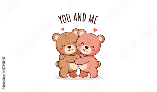 Cute teddy bear couple vector illustration with “You and Me” love slogan