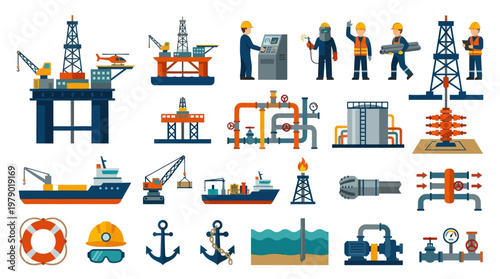 Oil and Gas Industry Flat Icons Set: Offshore Drilling, Workers, Pipelines  Energy Equipment Vector