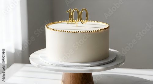 Elegant white frosted celebration cake with golden 