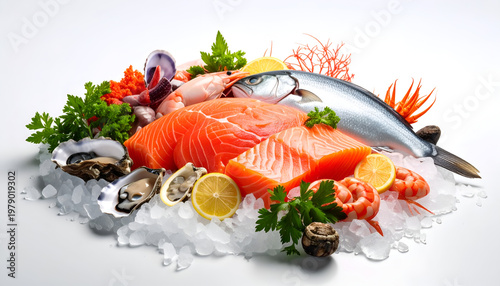 A vibrant assortment of fresh seafood is artfully displayed on a bed of crushed ice.