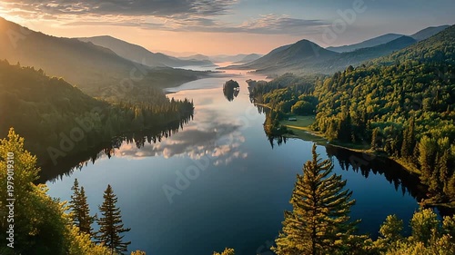 A breathtaking view of a serene mountain lake at sunset, evoking feelings of tranquility and peace, perfect for travel, nature, or wellness marketing.