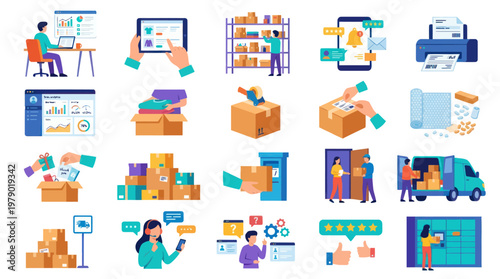 Flat illustration of logistics and delivery icons for e-commerce