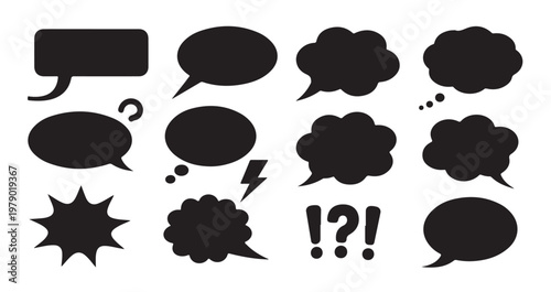 Vector speech clouds collection with rectangular bubbles and exclamation marks for dialogue.