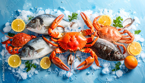 A vibrant display of fresh seafood, including fish and crabs, arranged on a bed of crushed ice with citrus fruits.