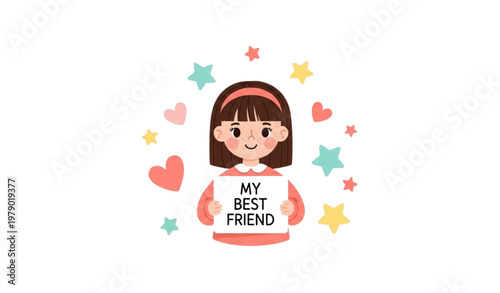 Cute girl vector illustration with stars and hearts saying “My Best Friend”