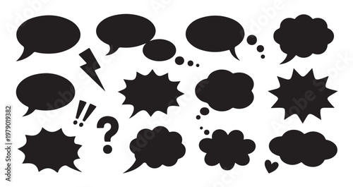 Hand drawn style speech bubble silhouettes and explosive comic clouds for dialogue graphics.