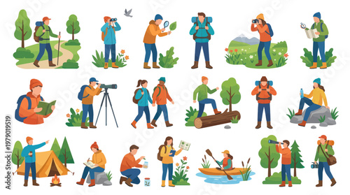 Flat Illustration of Hikers and Outdoor Activities