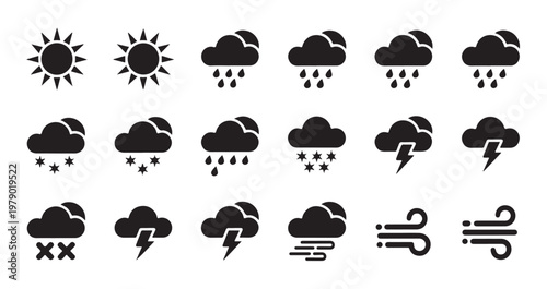 Partly cloudy weather icons with sun rain snow and storm elements for meteorology interface.