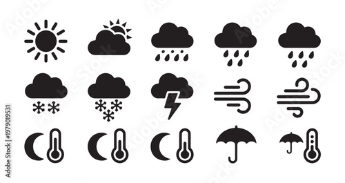 Comprehensive weather forecast icons including thermometer moon and umbrella vector symbols.