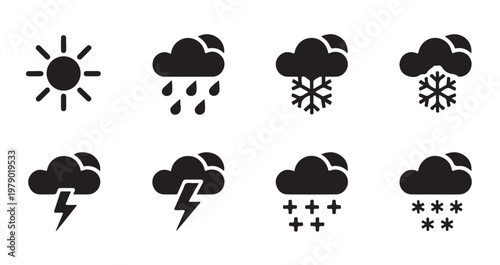 Weather icon set with sun, rain, snow, and lightning in bold black silhouettes.