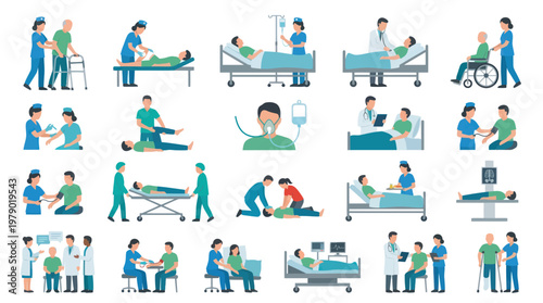 Flat Medical Healthcare Illustrations: Doctors, Nurses, Patients, and Treatment Scenes