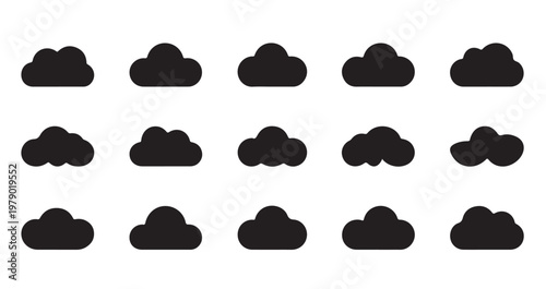 Various cloud icon set in solid black, representing different weather conditions and forms.