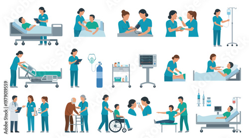 Medical Healthcare Flat Illustration Vector Set: Doctors, Nurses, Patients, and Hospital Care
