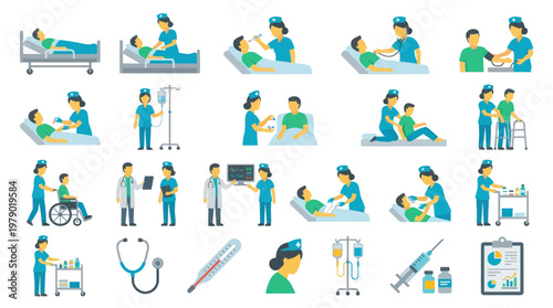 Flat Vector Medical Healthcare Illustrations Set for Patient Care, Nursing, Doctors  Hospital