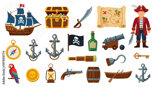 Flat Design Pirate Ship Treasure Map Pirate Accessories Vector Icons