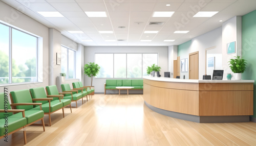 A brightly lit, modern reception area features comfortable green seating, a curved wooden reception desk, and large windows offering a glimpse of the outdoors.