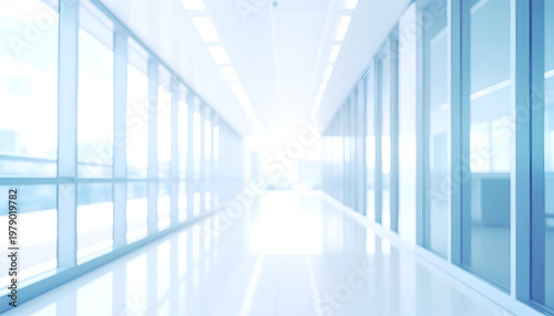 A bright, modern hallway with large windows stretches into a luminous, blurred distance, creating a sense of spaciousness and clean design.