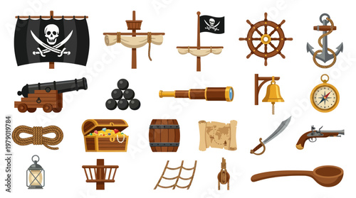 Pirate Icons Set: Skeleton Flag, Ship Wheel, Anchor, Cannon, Map