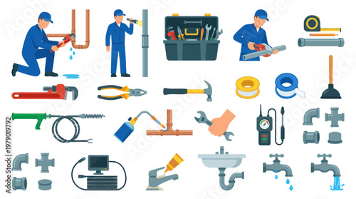 Plumbing Service Flat Vector Illustration Set with Plumbers, Tools, Repair, and Maintenance