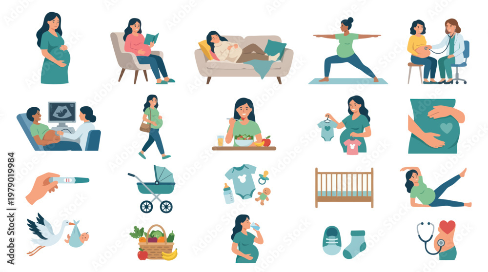 Fototapeta premium Pregnancy, Maternity, Baby Care Health Flat Vector Illustration Set