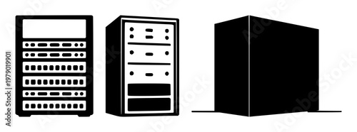 AI server rack icon set with solid black design and white background featuring cloud computing, server rack, AI, technology with graphics and illustration