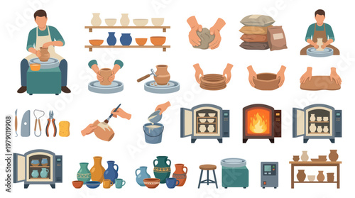 Flat Vector Pottery Making Process, Ceramics Craft, Artist, Tools  Kiln Set