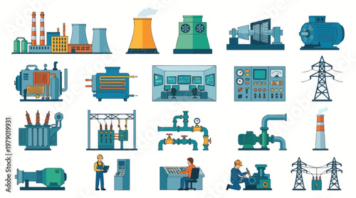 Flat Vector Icons Set: Industrial Power  Energy Generation Equipment and Elements