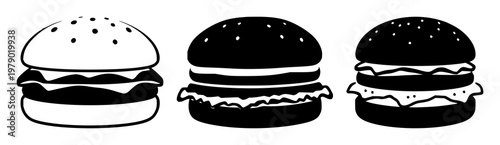 Plant-based meat burger icon set with solid black outline on white background featuring plant-based burger, simple line art, minimalist with black and white and food illustration