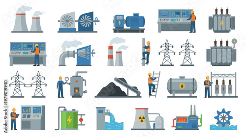 Flat Vector Icons Set of Electricity Power Generation Industry and Energy Production