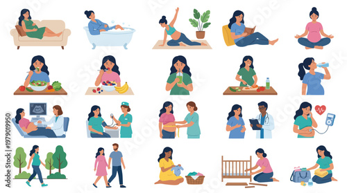 Pregnancy Maternity Healthcare Flat Vector Illustrations Set. Healthy Pregnant Woman Lifestyle and Prenatal Care
